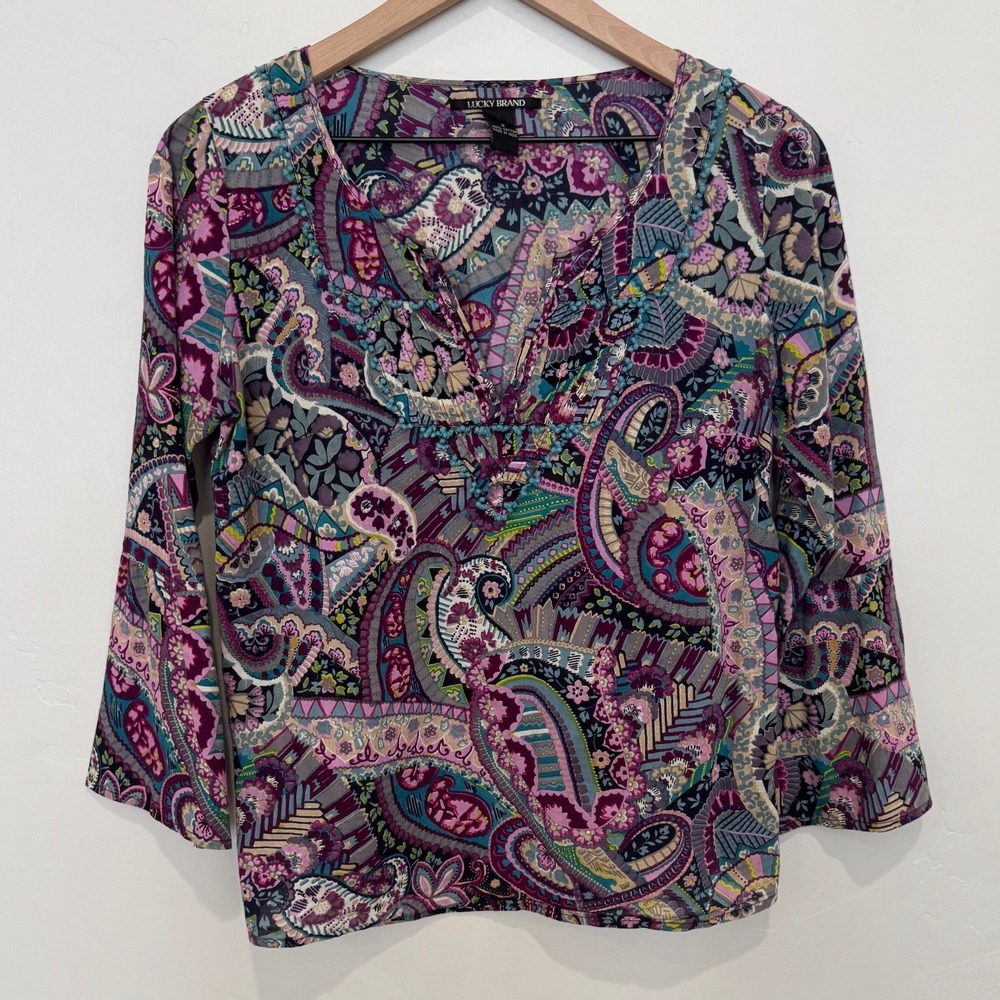 Vintage Lucky Brand Paisley Boho Top Pom Pom V-Neck 3/4 Bell Sleeve S Cotton